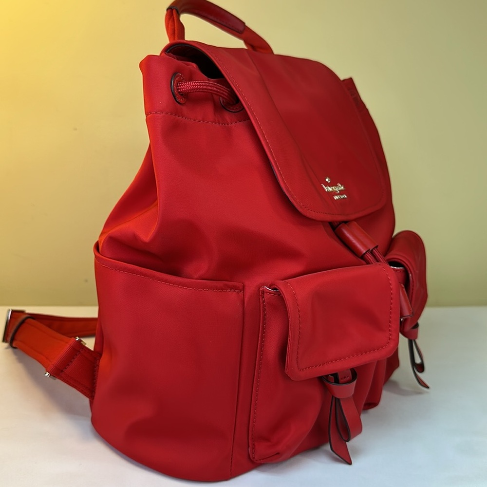 Kate Spade Carley Flap Red Backpack Nylon Red Leather Details - Picture 4 of 14
